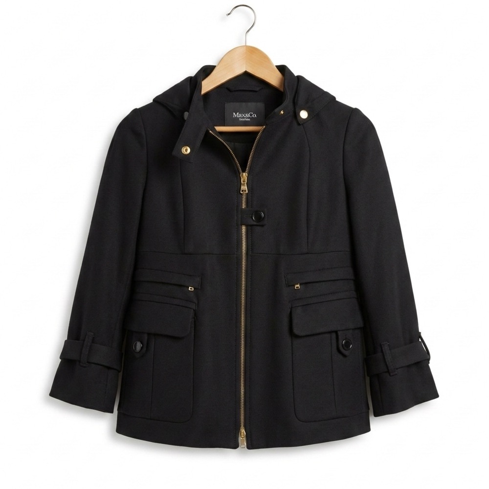 Max & Co Black Wool Tailored Hooded Jacket Bell Sleeve Dark Academia US 2